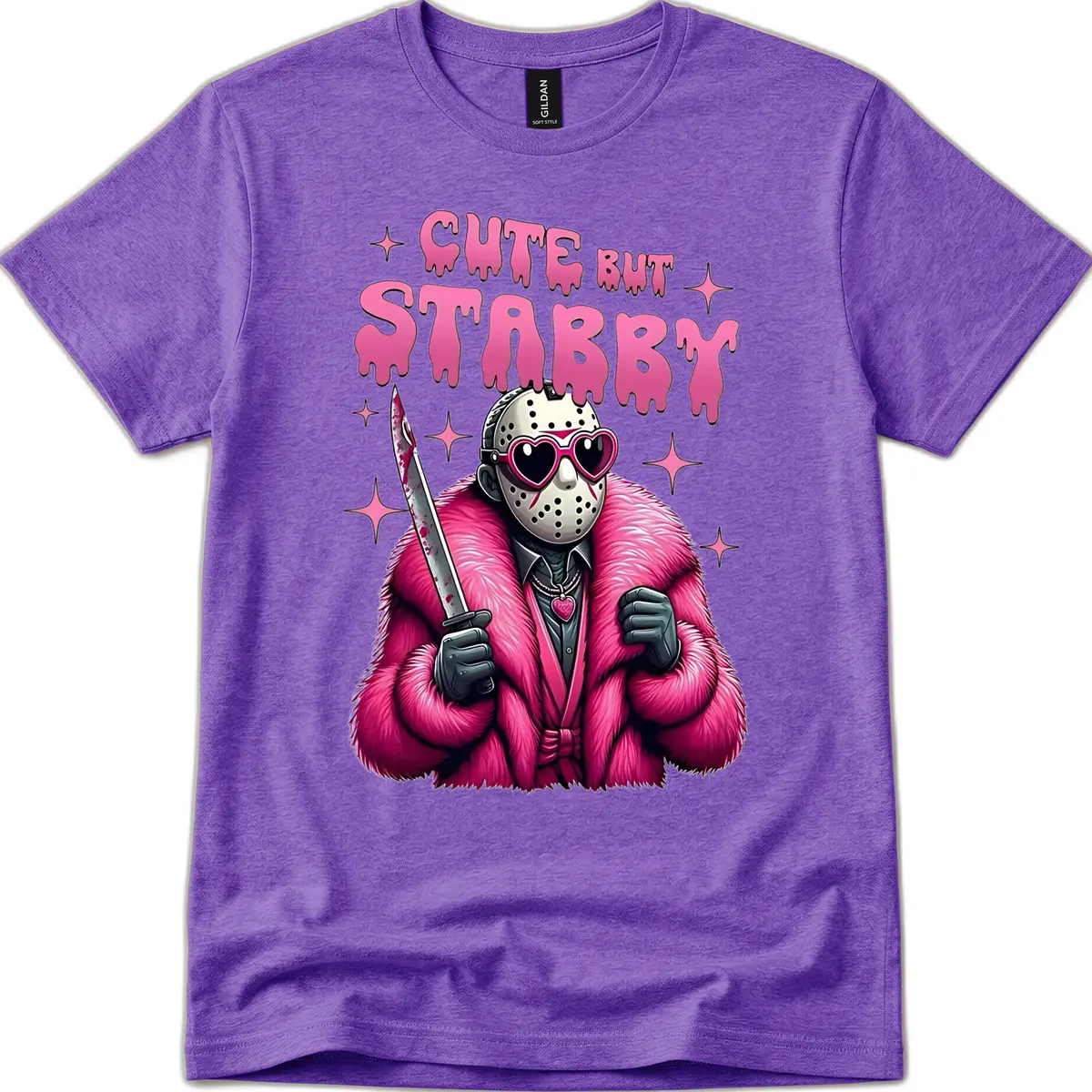 Cute But Stabby Halloween Mask Design T-Shirt in Heather Purple