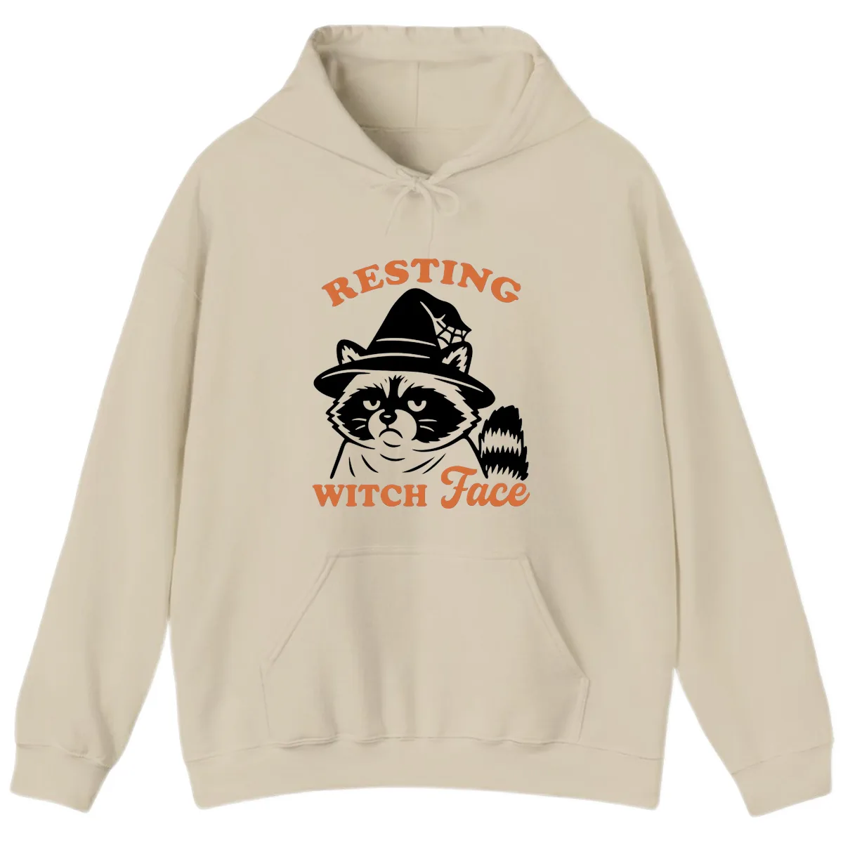 Resting Witch Face Raccoon Design Hoodie in Sand