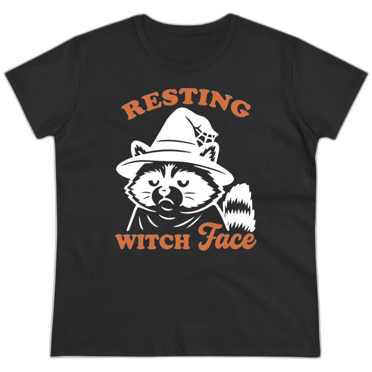 Resting Witch Face Raccoon Design Ladies Tee in Black