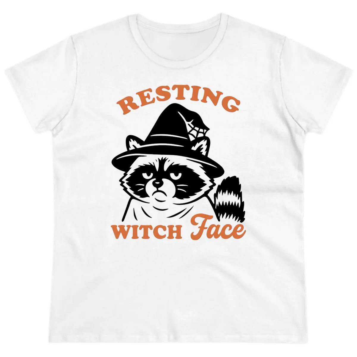 Resting Witch Face Raccoon Design Ladies Tee in White