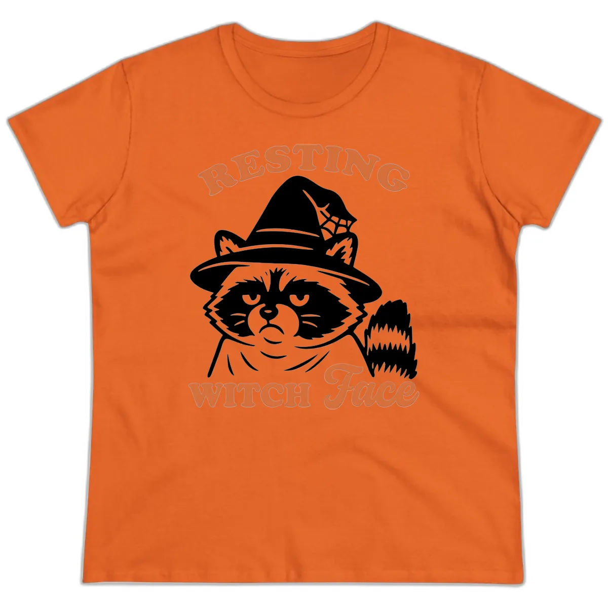 Resting Witch Face Raccoon Design Ladies Tee in Orange
