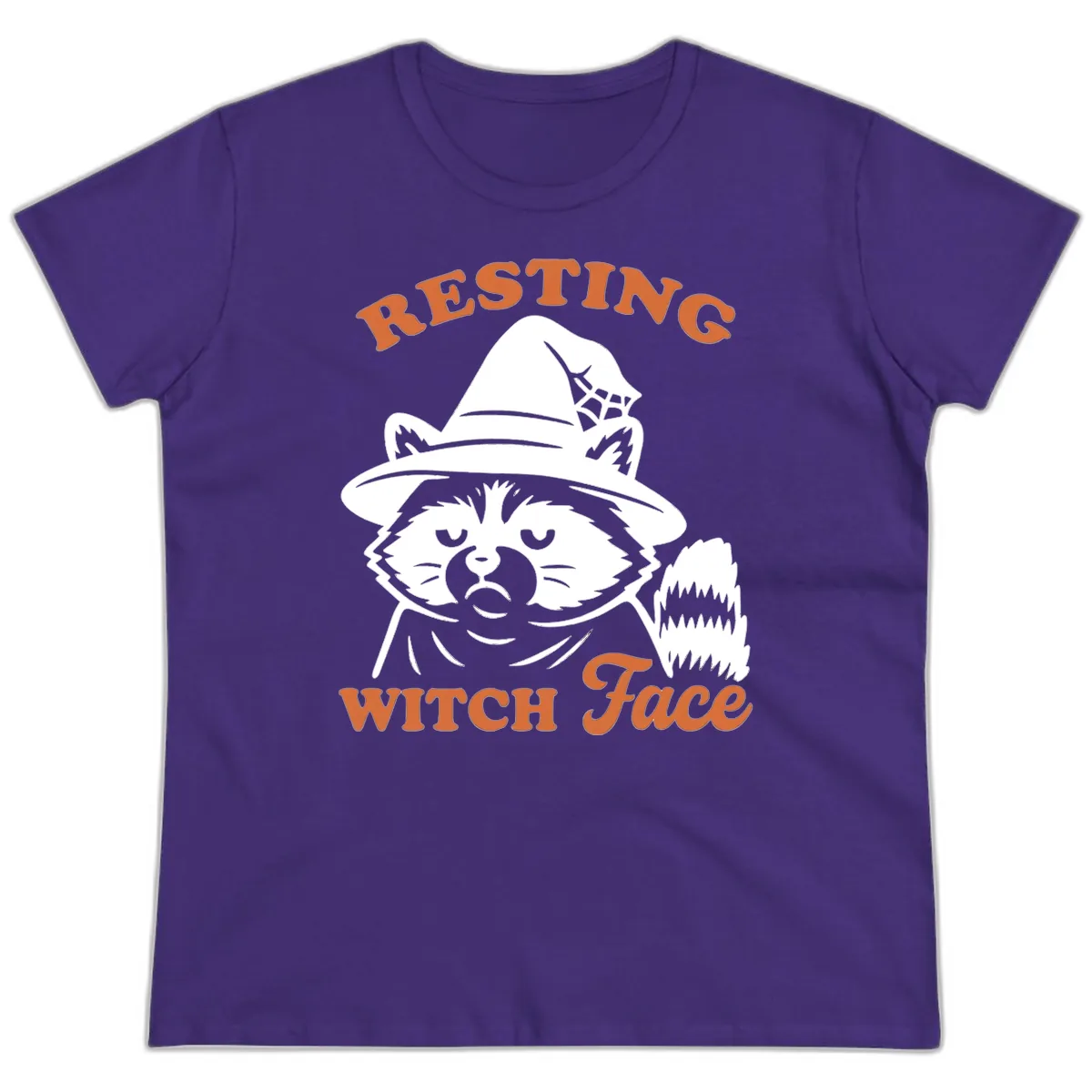 Resting Witch Face Raccoon Design Ladies Tee in Purple