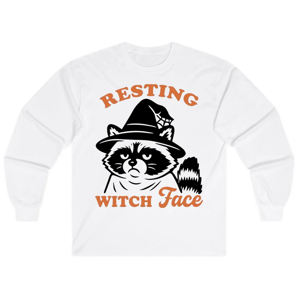 Resting Witch Face Raccoon Design Long Sleeve in White