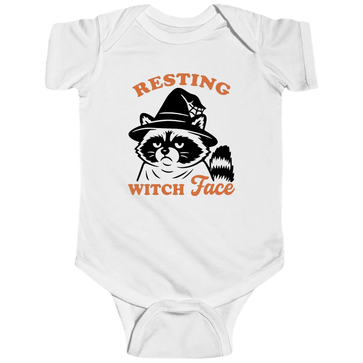 Resting Witch Face Raccoon Design Baby Onesie in White