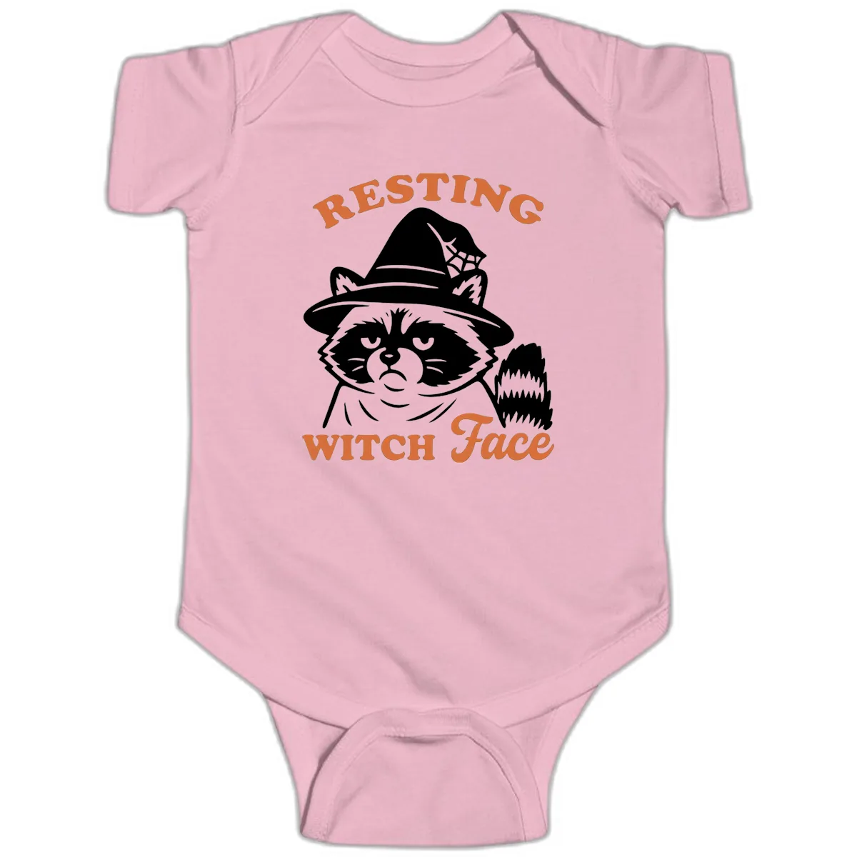 Resting Witch Face Raccoon Design Baby Onesie in Pink