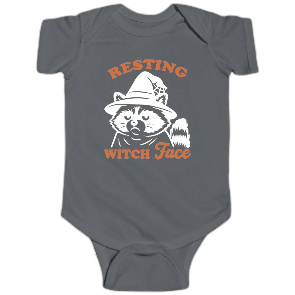 Resting Witch Face Raccoon Design Baby Onesie in Charcoal