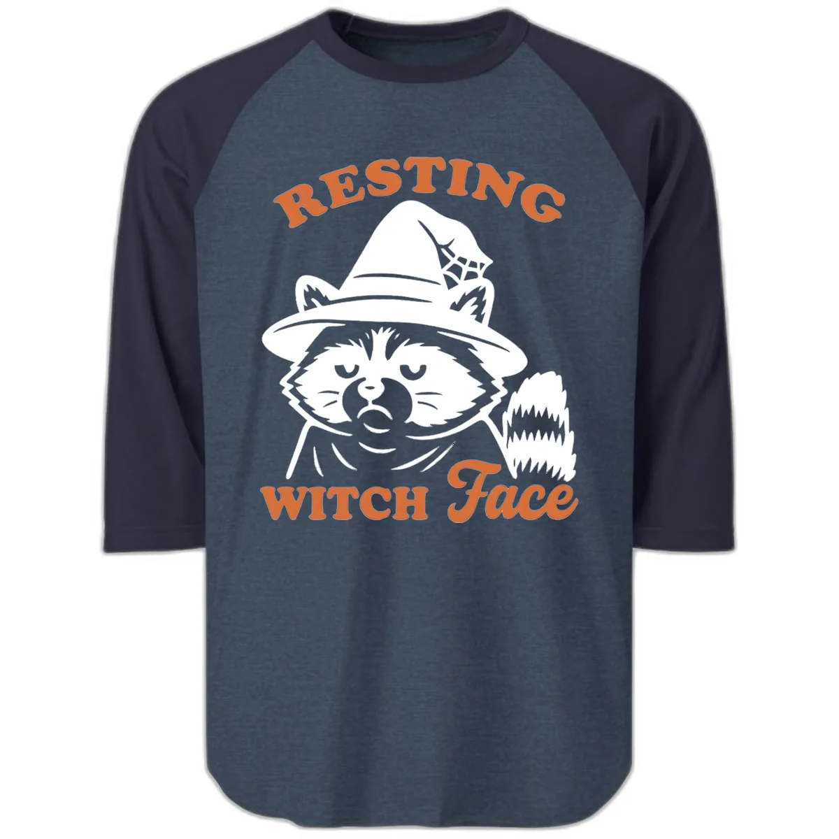 Resting Witch Face Raccoon Design Raglan 3/4 in Heather Denim Navy