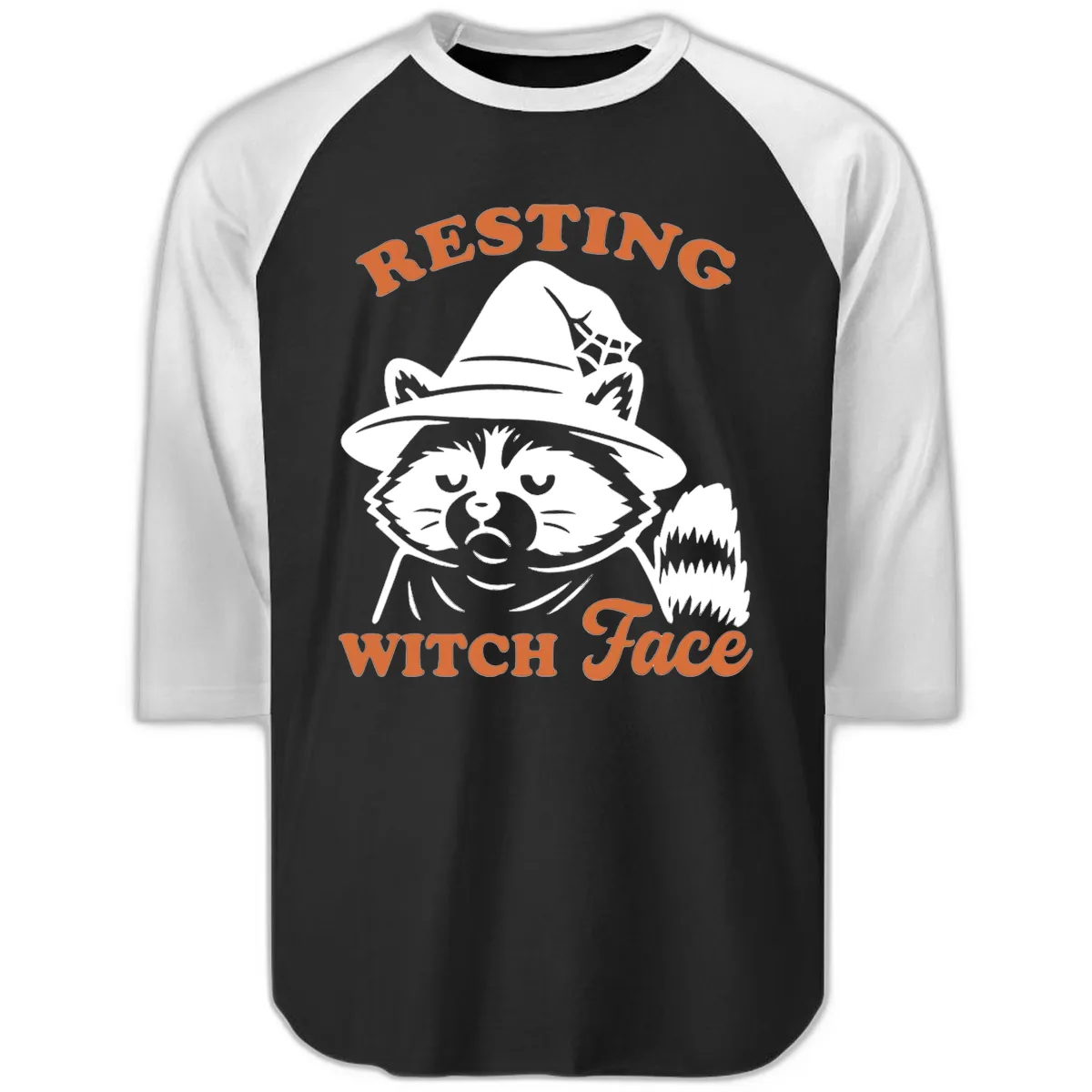 Resting Witch Face Raccoon Design Raglan 3/4 in Black White