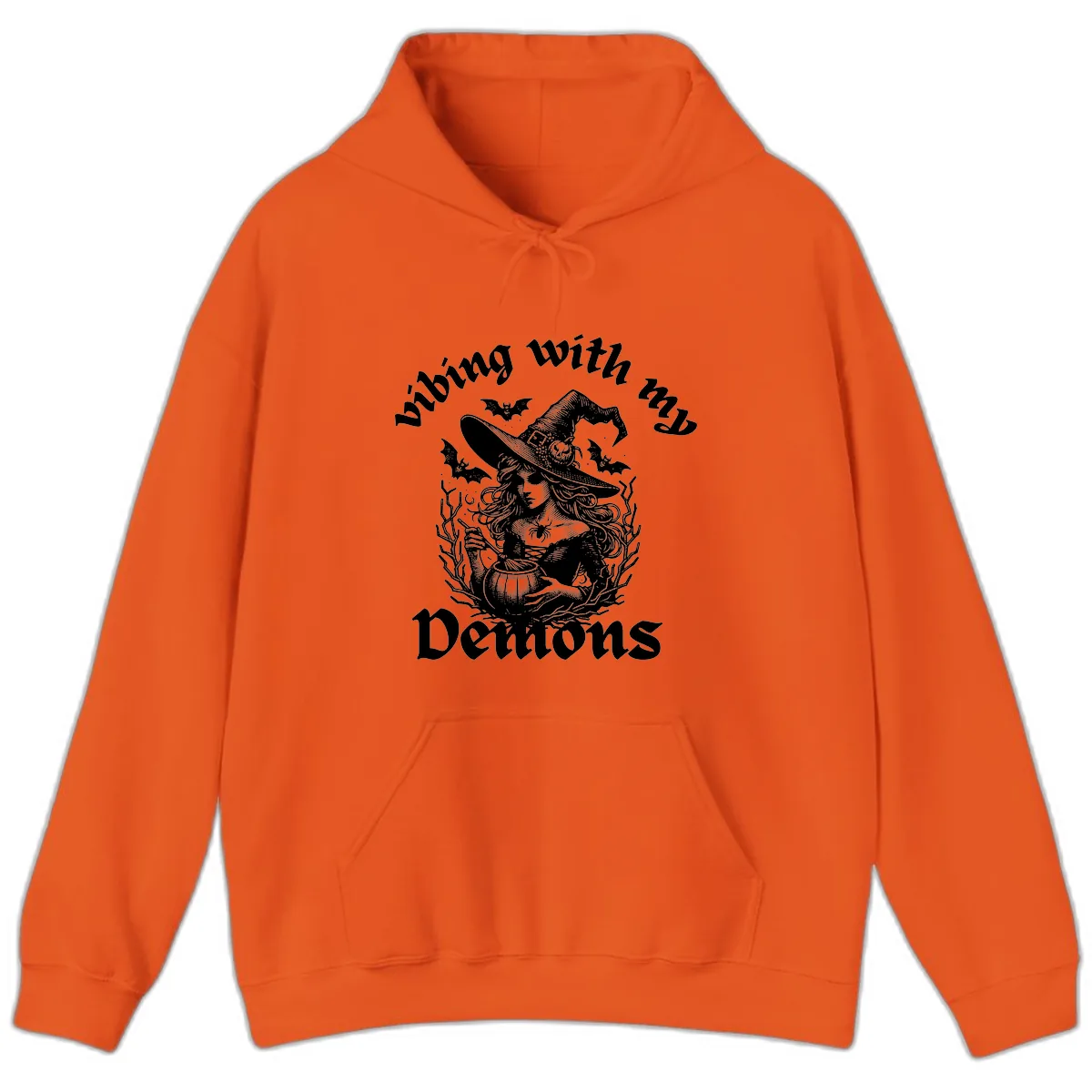 Vibing With My Demons Witch Design Hoodie in Orange