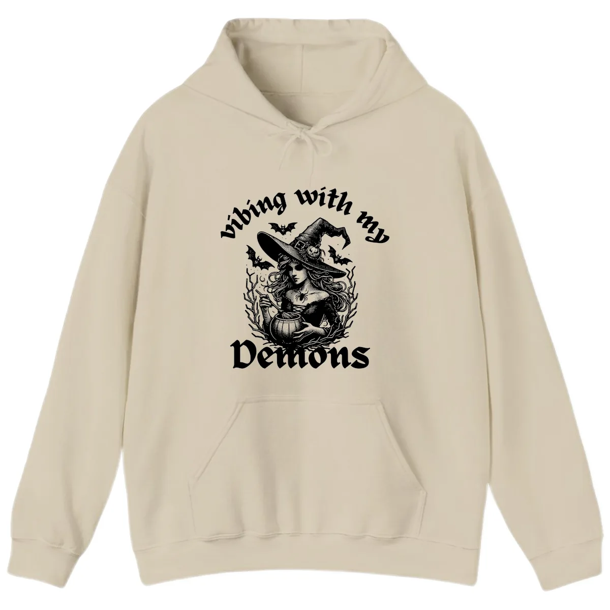 Vibing With My Demons Witch Design Hoodie in Sand