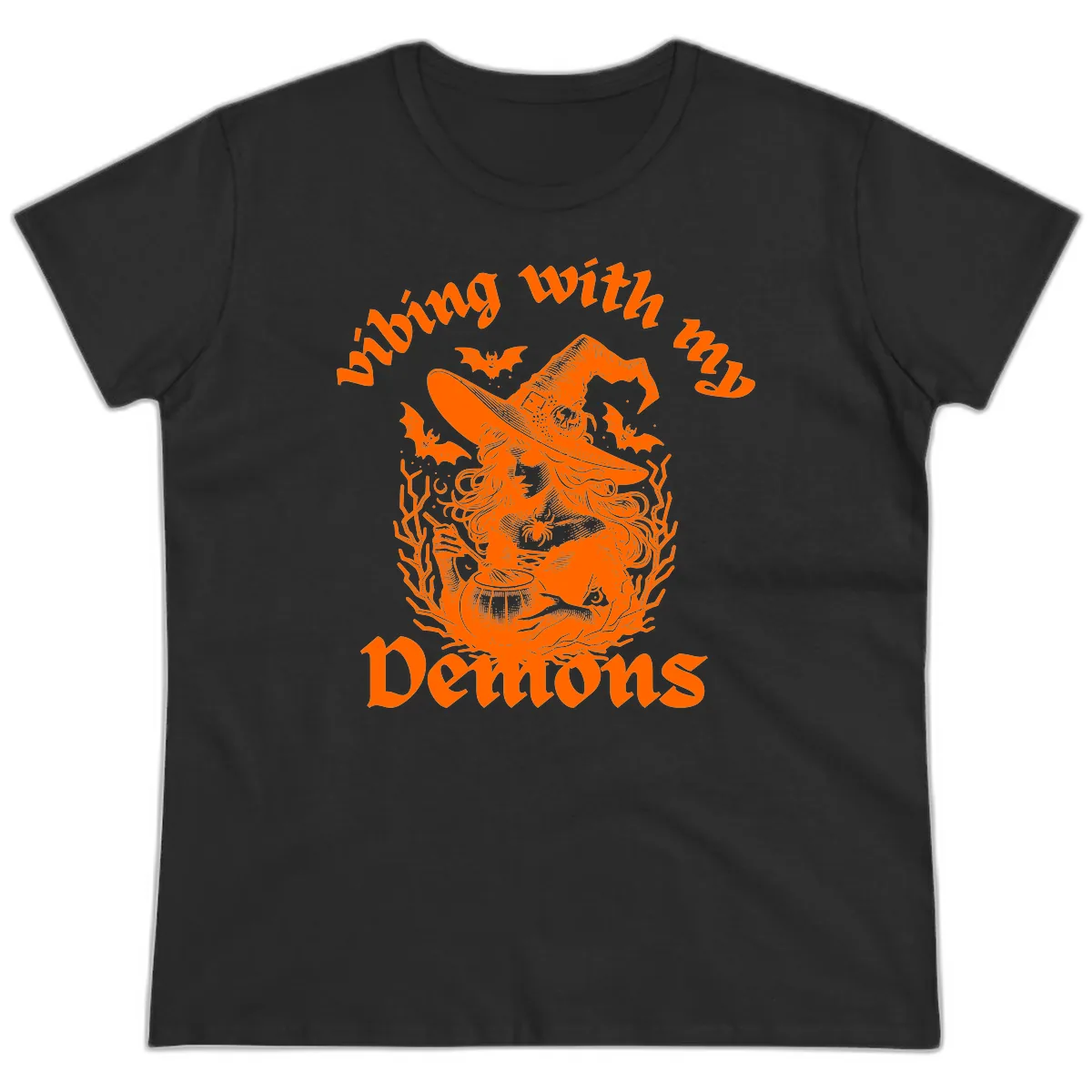 Vibing With My Demons Witch Design Ladies Tee in Black
