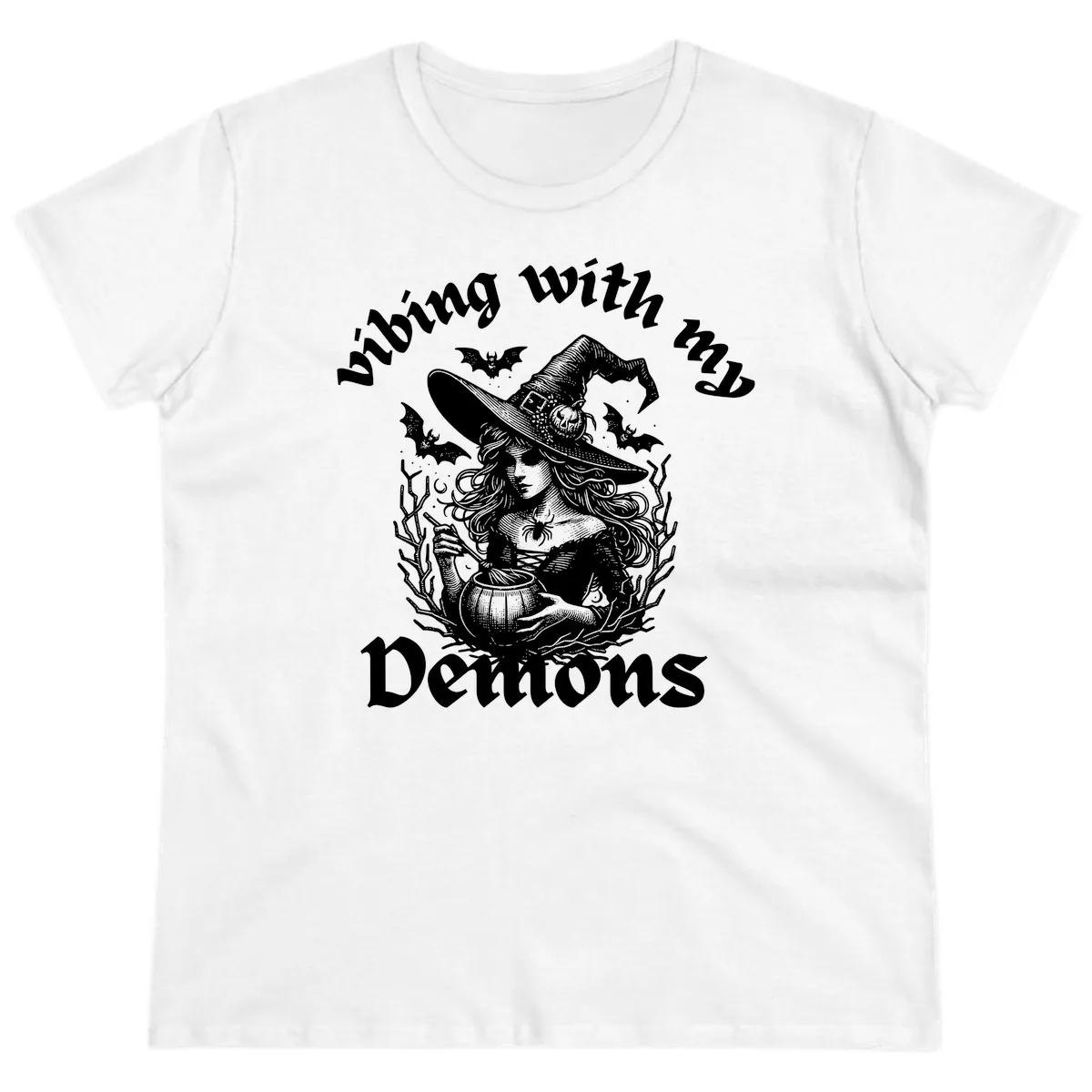 Vibing With My Demons Witch Design Ladies Tee in White