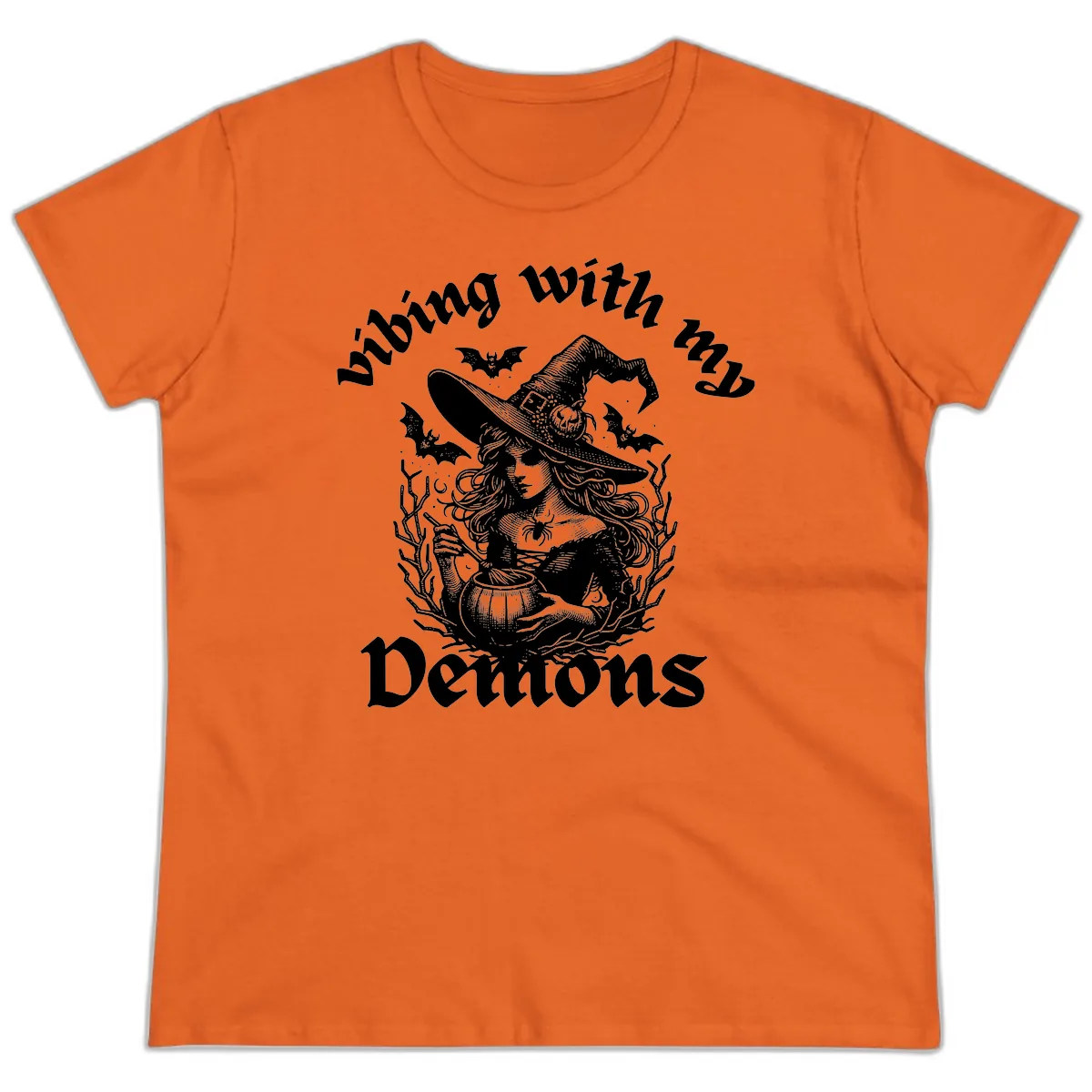 Vibing With My Demons Witch Design Ladies Tee in Orange