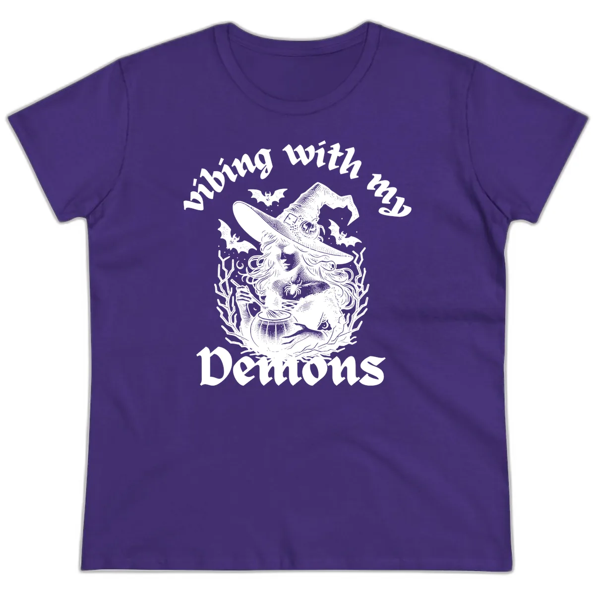 Vibing With My Demons Witch Design Ladies Tee in Purple
