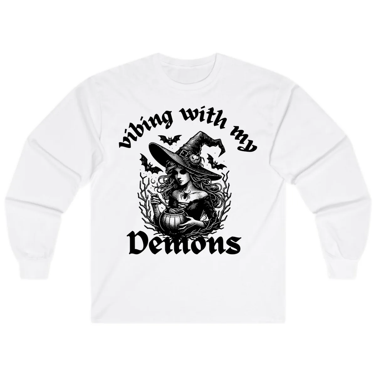 Vibing With My Demons Witch Design Long Sleeve in White