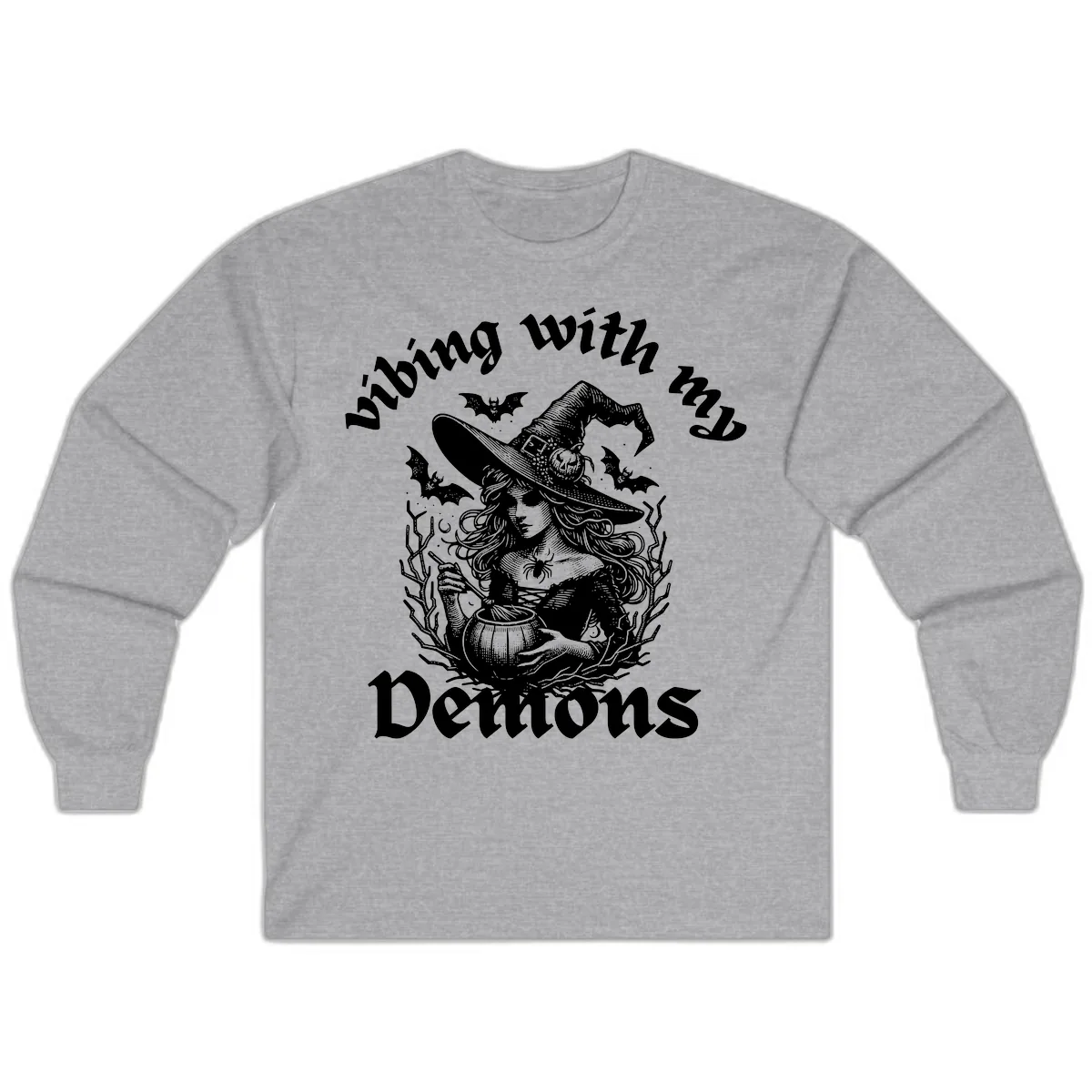 Vibing With My Demons Witch Design Long Sleeve in Sport Grey