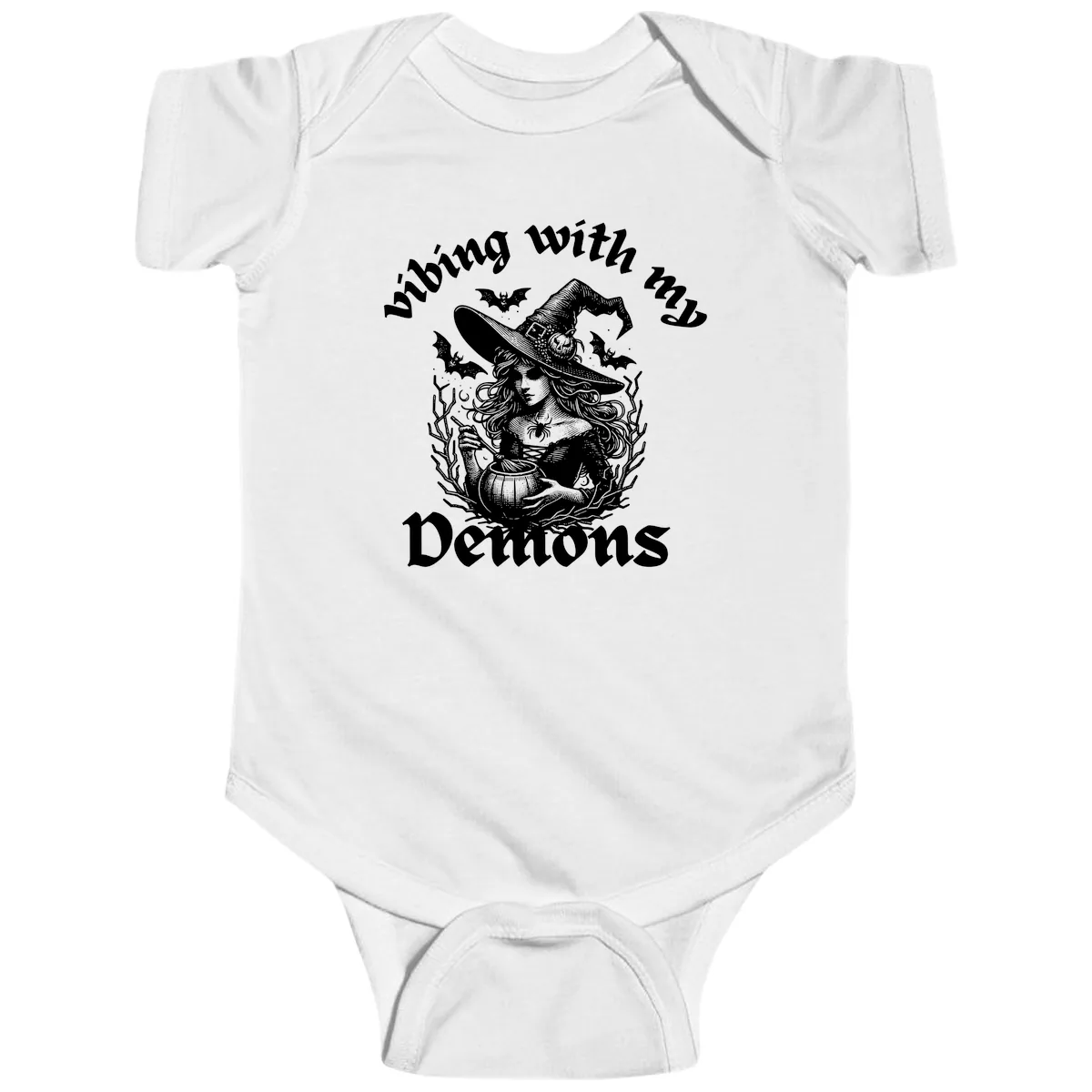 Vibing With My Demons Witch Design Baby Onesie in White
