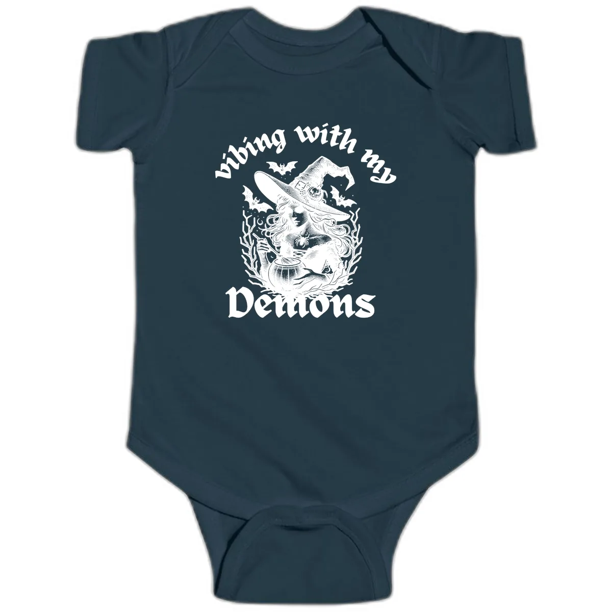 Vibing With My Demons Witch Design Baby Onesie in Navy