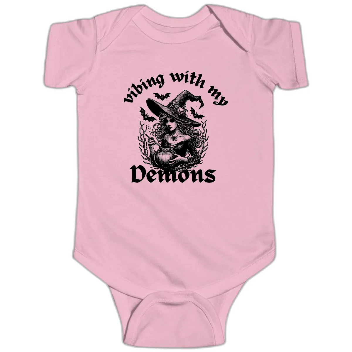 Vibing With My Demons Witch Design Baby Onesie in Pink