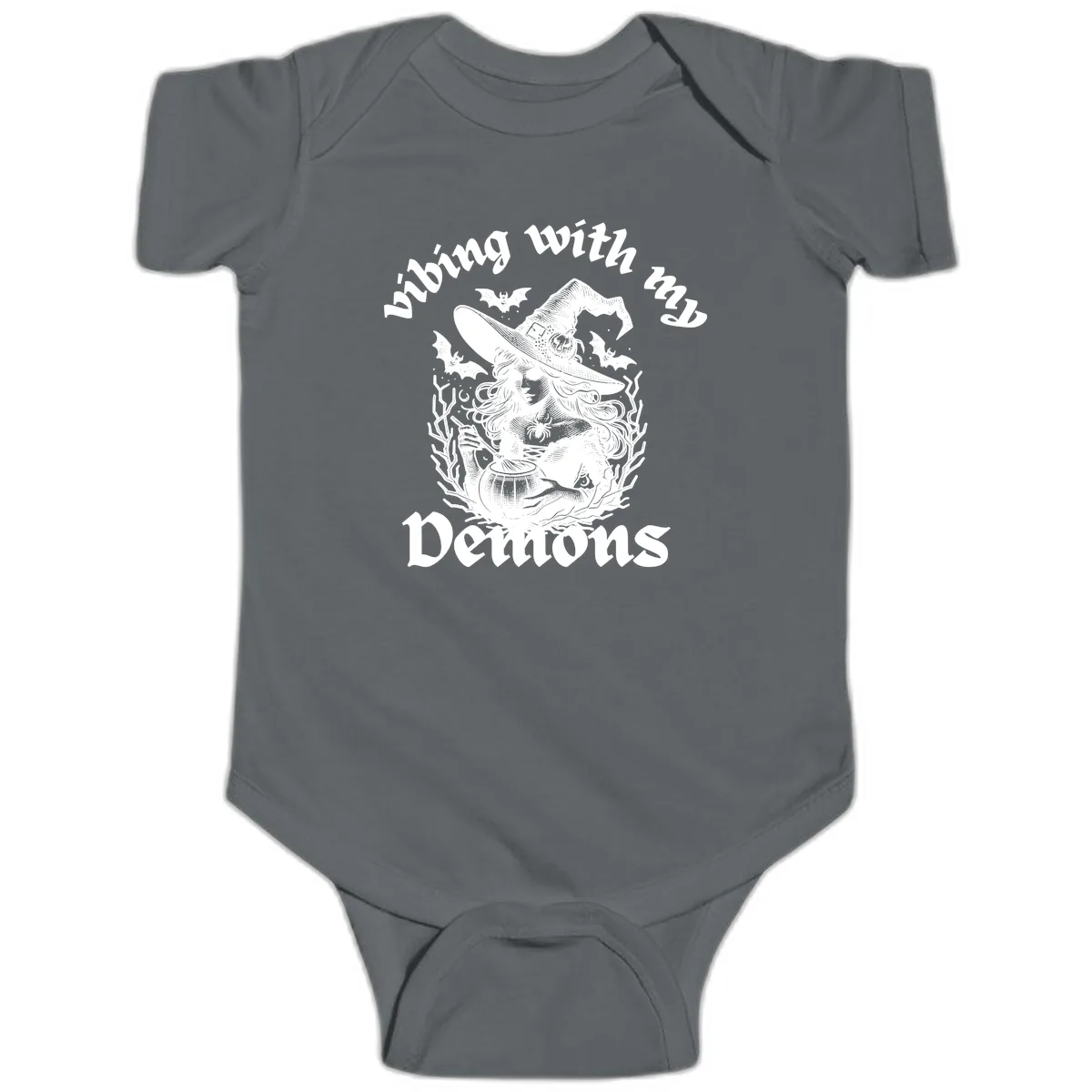 Vibing With My Demons Witch Design Baby Onesie in Charcoal