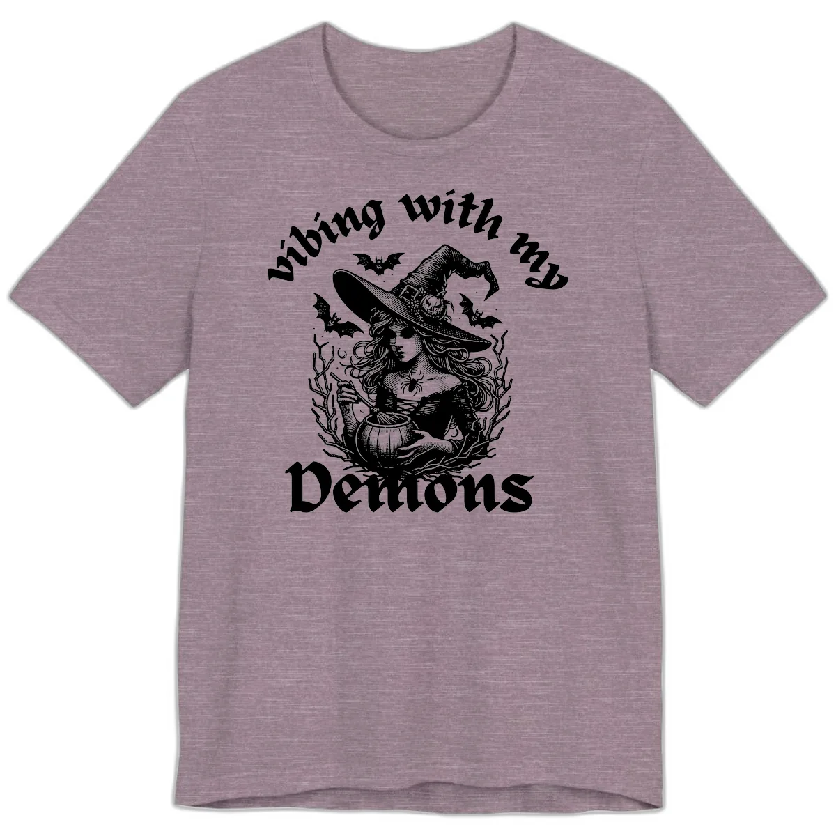 Vibing With My Demons Witch Design Premium T-Shirt in Heather Purple