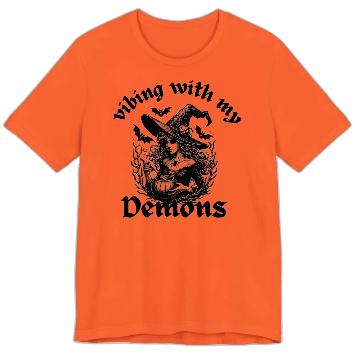 Vibing With My Demons Witch Design Premium T-Shirt in Orange