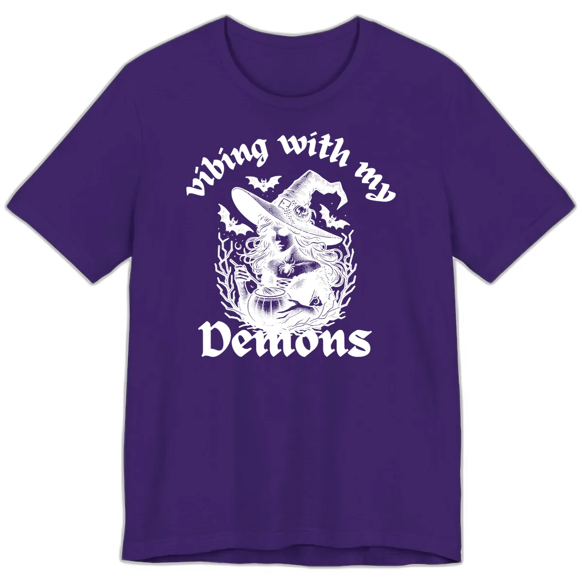 Vibing With My Demons Witch Design Premium T-Shirt in Team Purple
