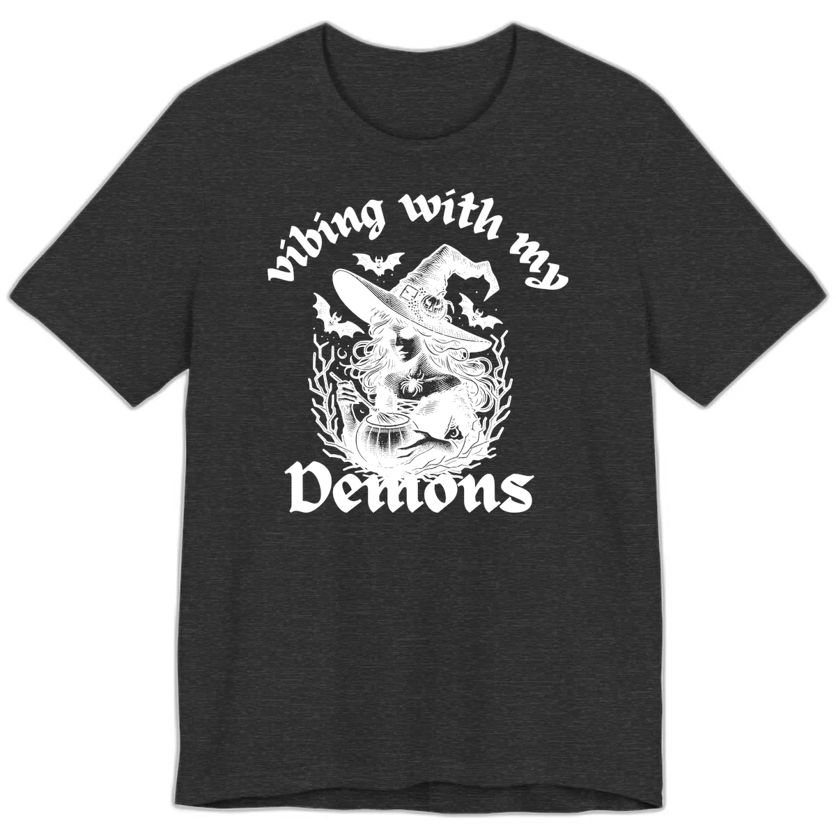 Vibing With My Demons Witch Design Premium T-Shirt in Dark Grey Heather
