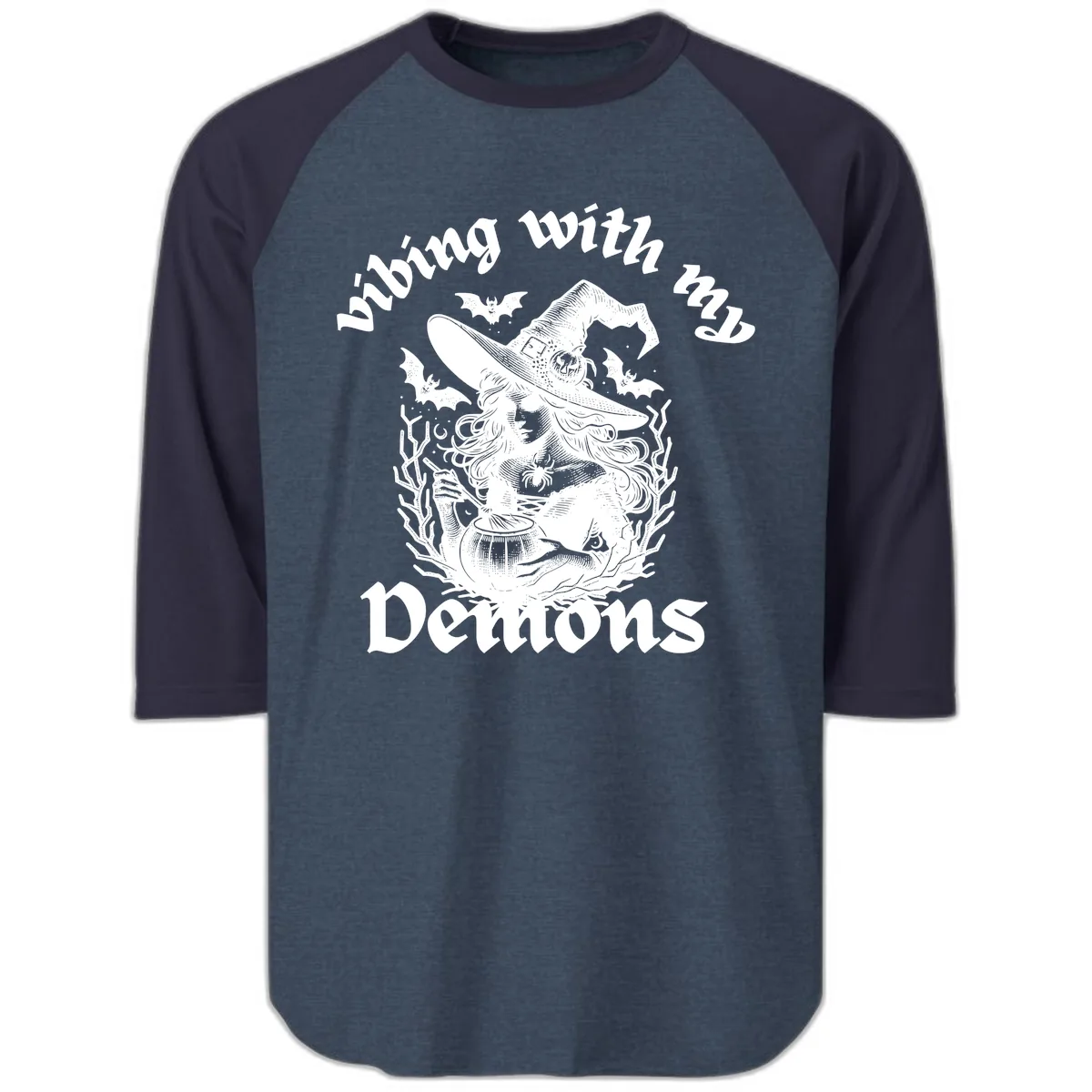 Vibing With My Demons Witch Design Raglan 3/4 in Heather Denim Navy