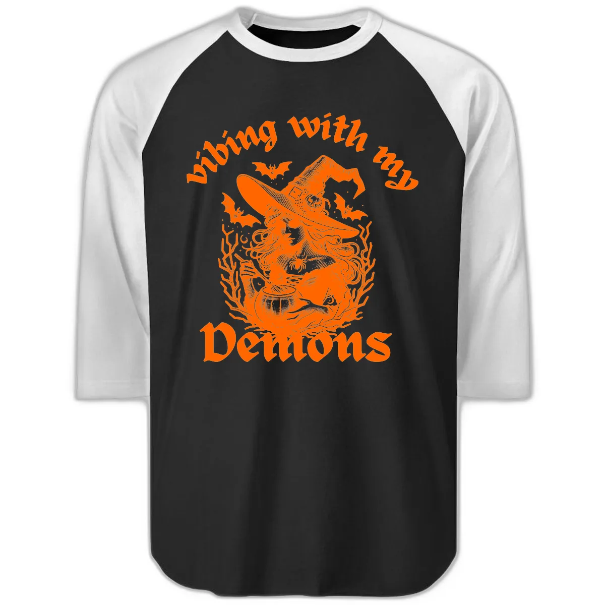 Vibing With My Demons Witch Design Raglan 3/4 in Black White