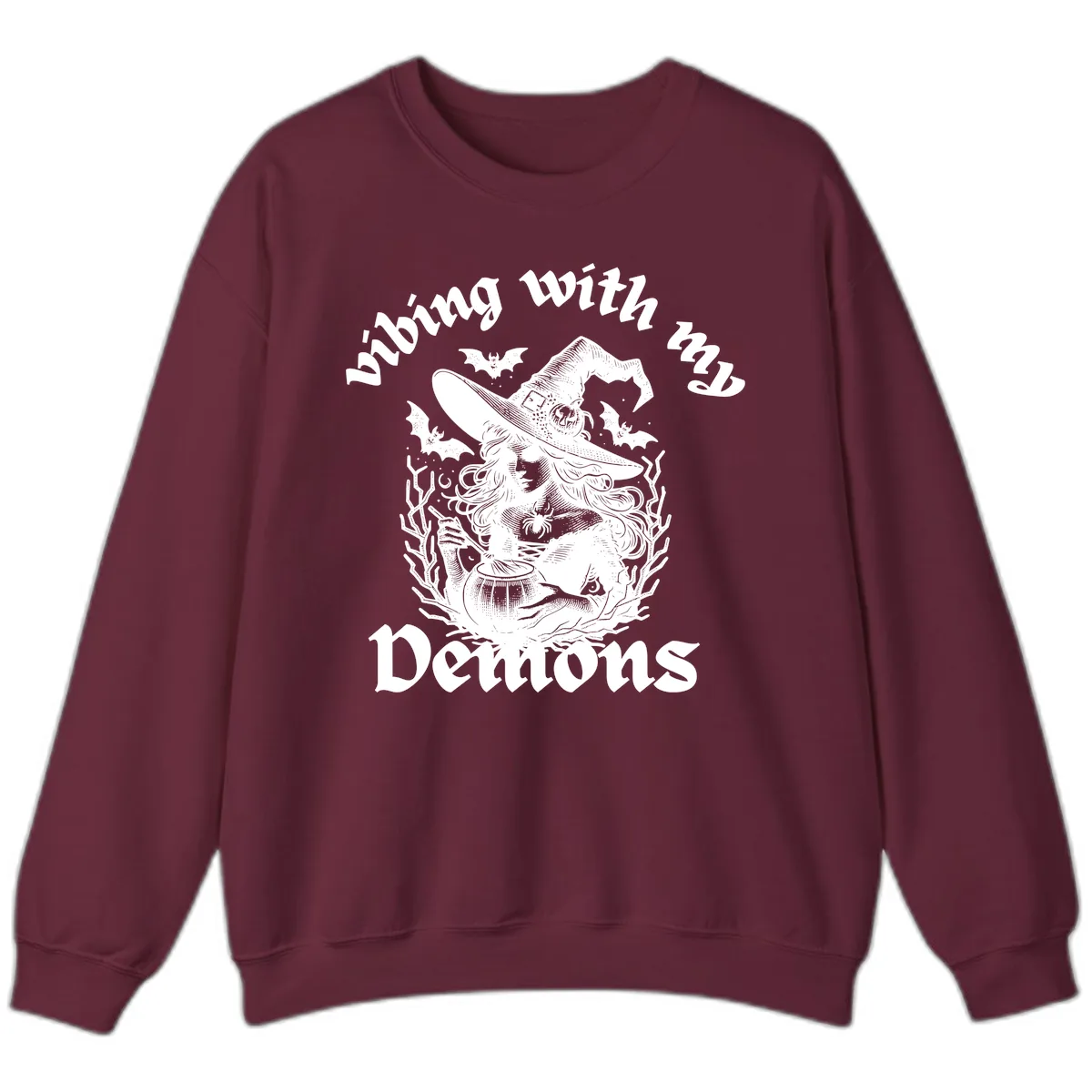 Vibing With My Demons Witch Design Sweatshirt in Maroon
