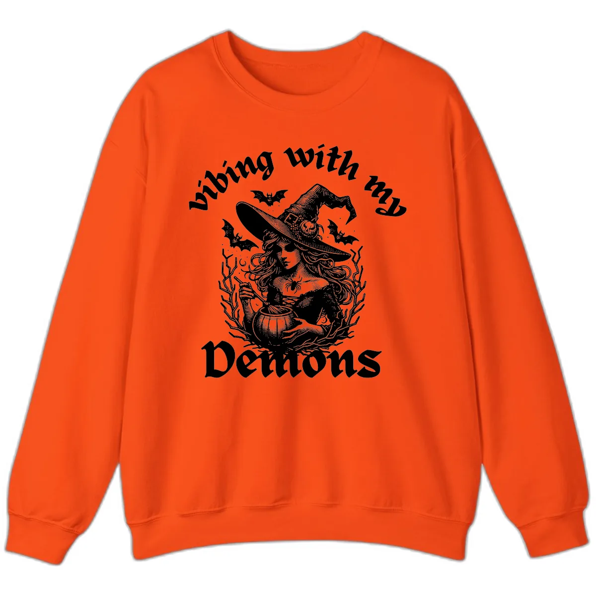 Vibing With My Demons Witch Design Sweatshirt in Orange