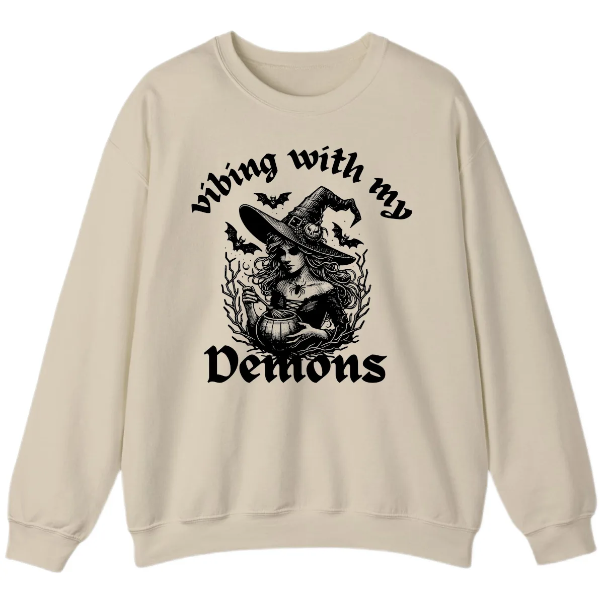 Vibing With My Demons Witch Design Sweatshirt in Sand