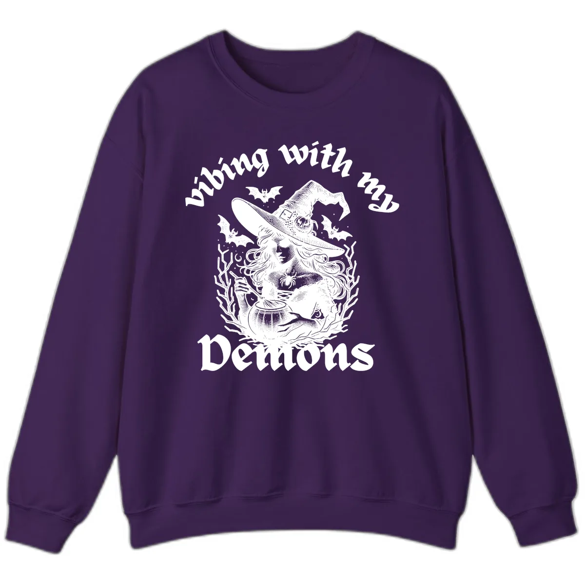 Vibing With My Demons Witch Design Sweatshirt in Purple