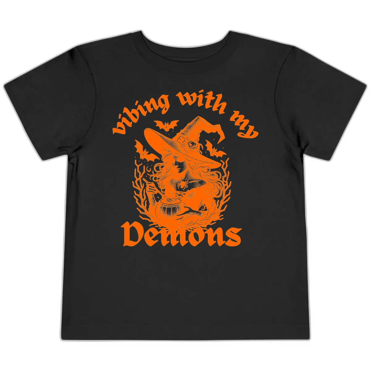Vibing With My Demons Witch Design Toddler T-Shirt in Black
