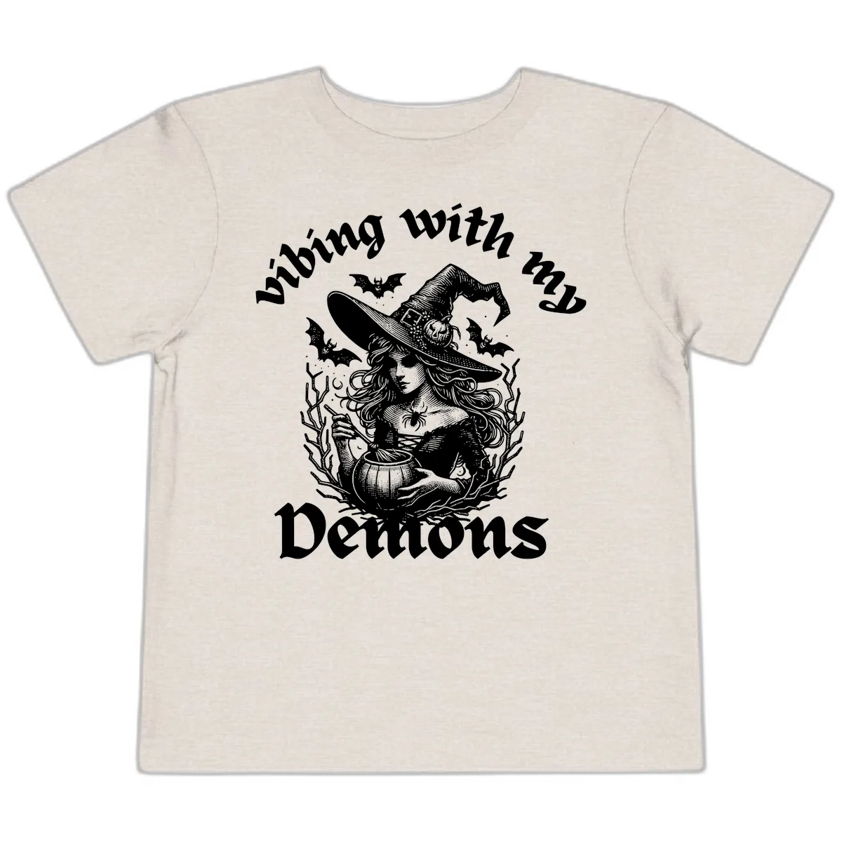 Vibing With My Demons Witch Design Toddler T-Shirt in Heather Dust