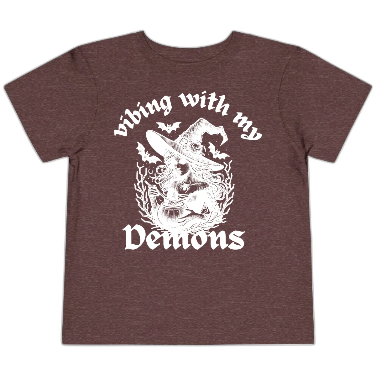 Vibing With My Demons Witch Design Toddler T-Shirt in Heather Maroon
