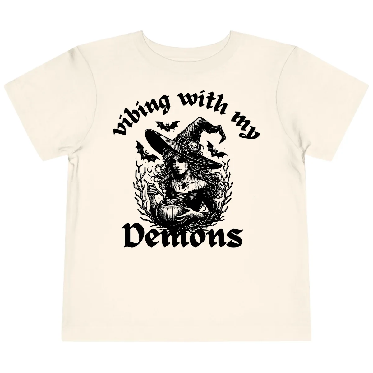 Vibing With My Demons Witch Design Toddler T-Shirt in Natural