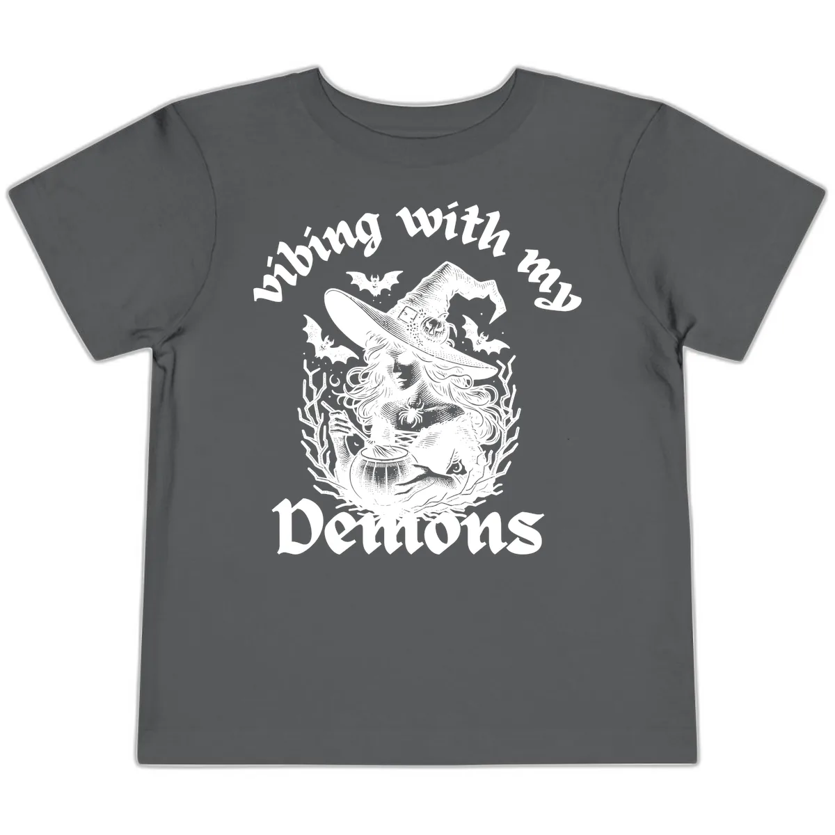 Vibing With My Demons Witch Design Toddler T-Shirt in Asphalt