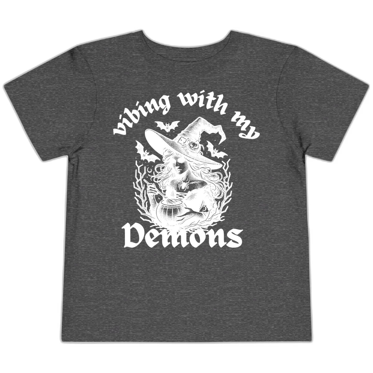 Vibing With My Demons Witch Design Toddler T-Shirt in Dark Heather Grey