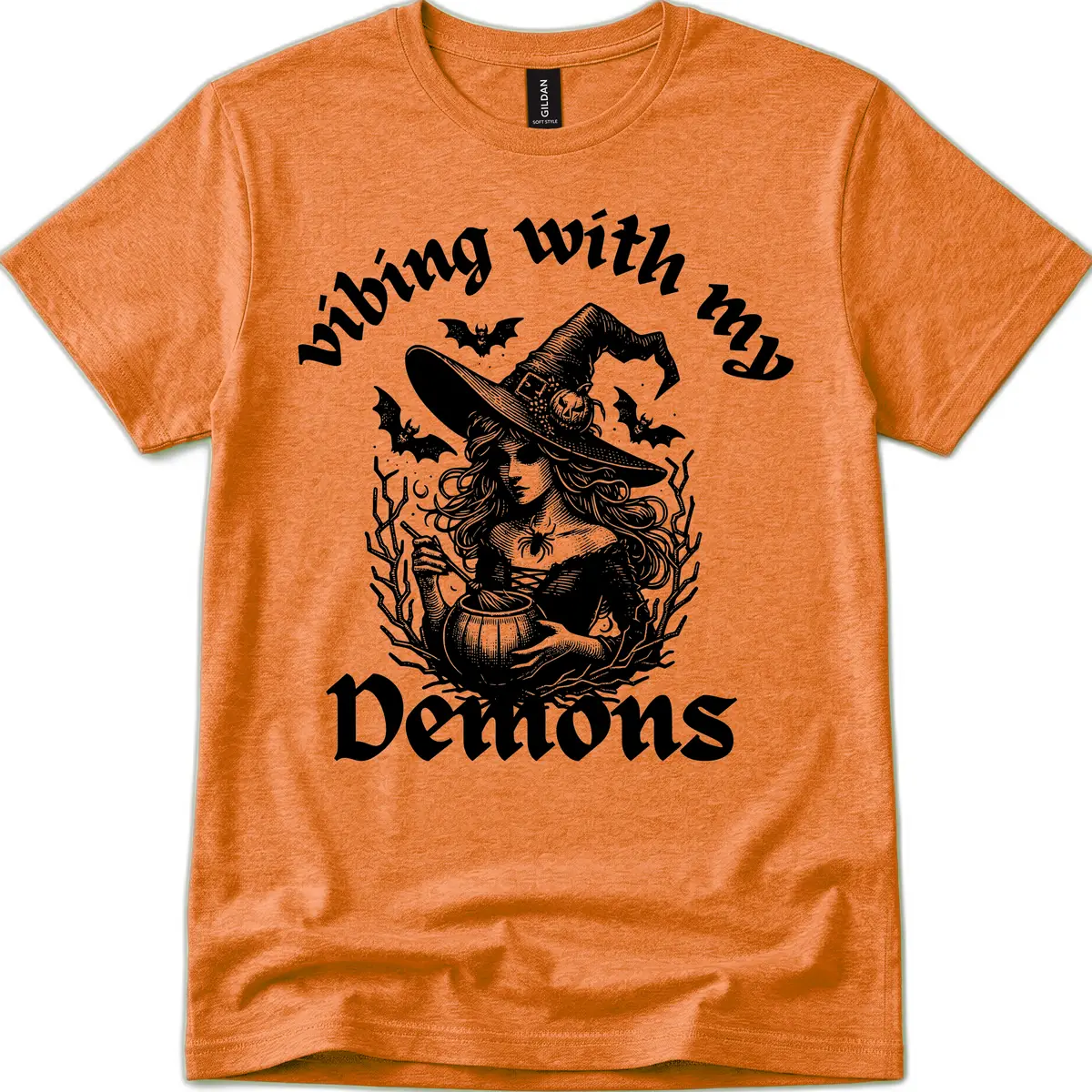 Vibing With My Demons Witch Design T-Shirt in Heather Orange