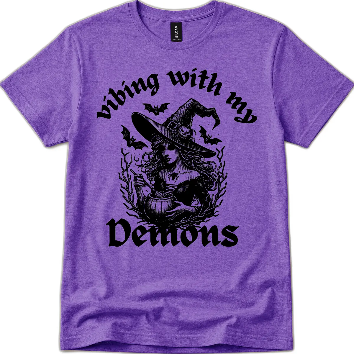 Vibing With My Demons Witch Design T-Shirt in Heather Purple