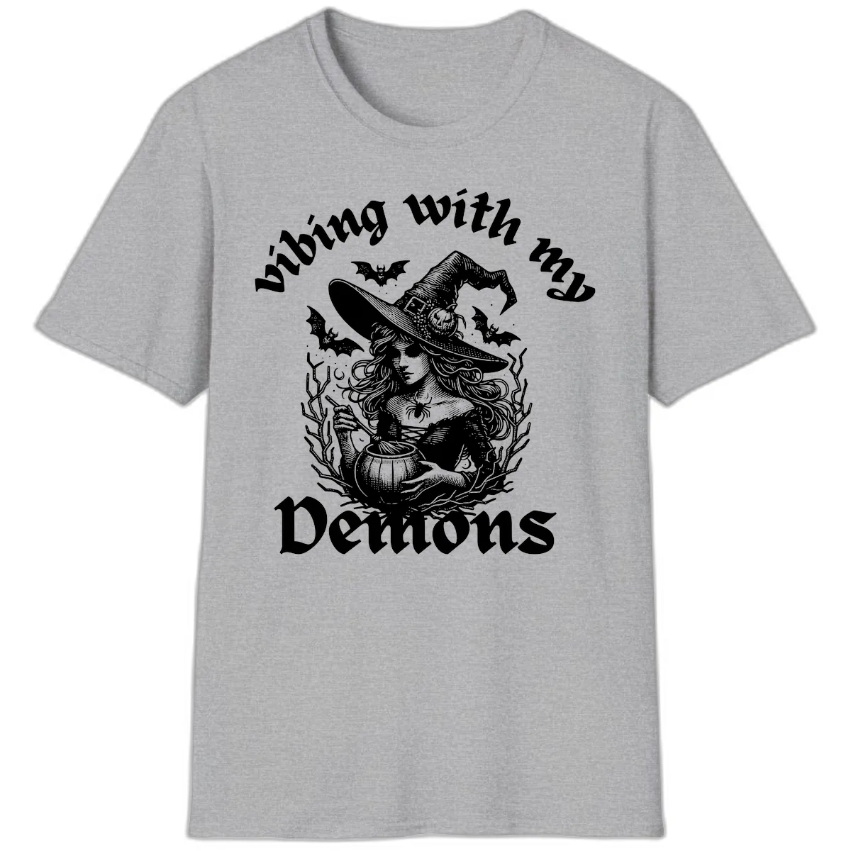 Vibing With My Demons Witch Design T-Shirt in Sport Grey