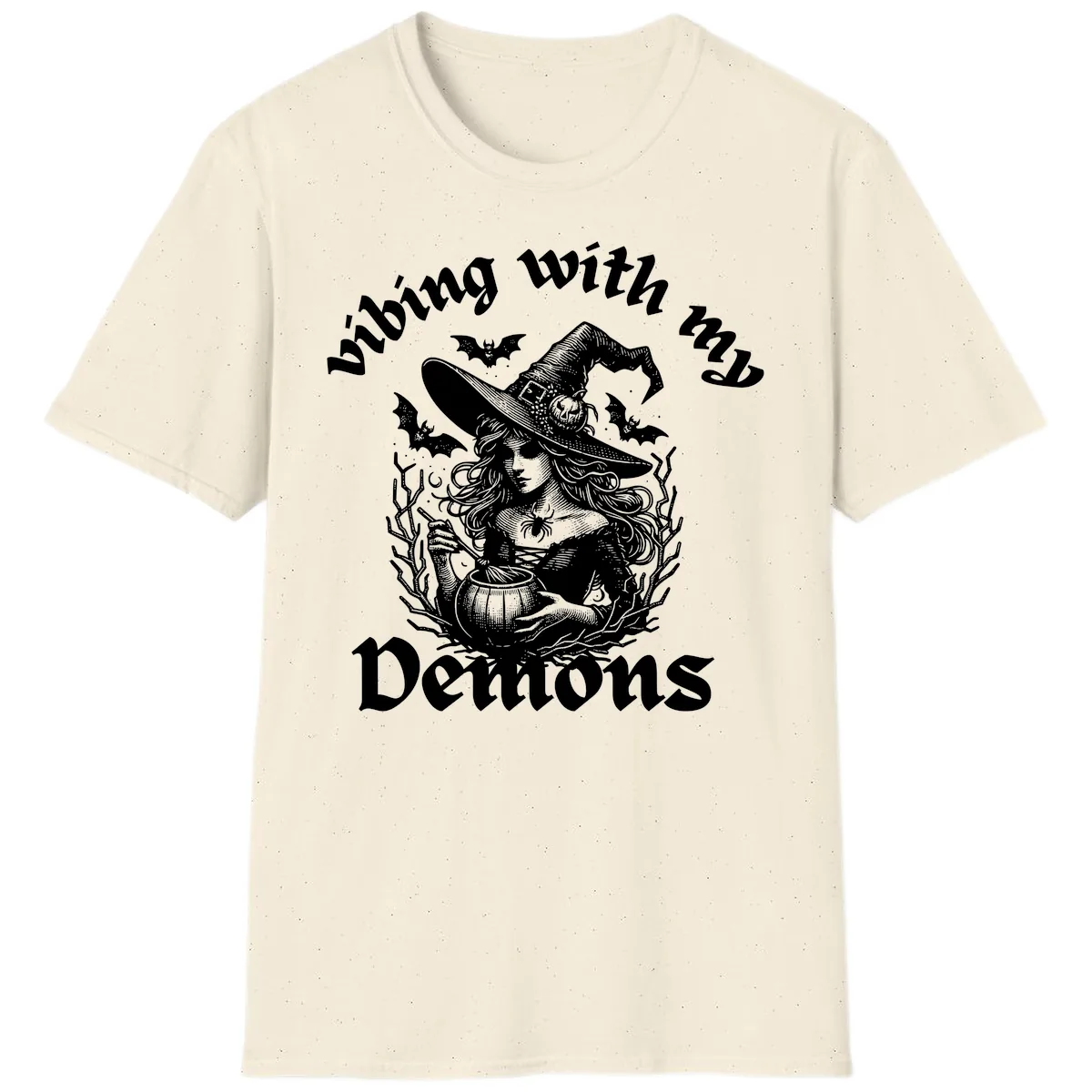 Vibing With My Demons Witch Design T-Shirt in Natural