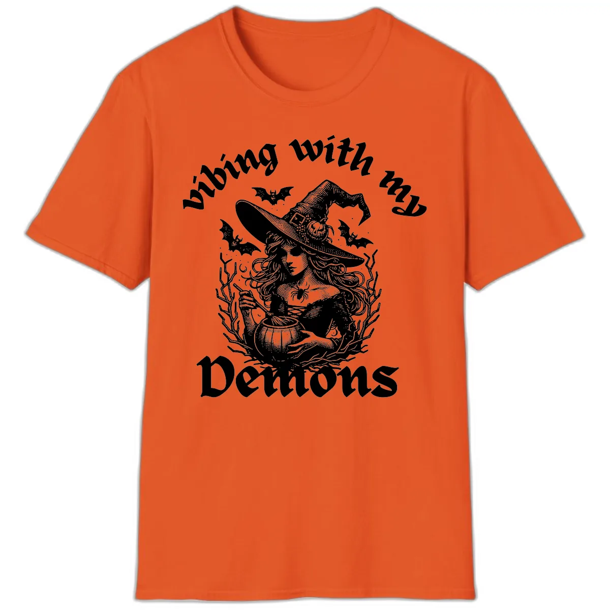 Vibing With My Demons Witch Design T-Shirt in Orange