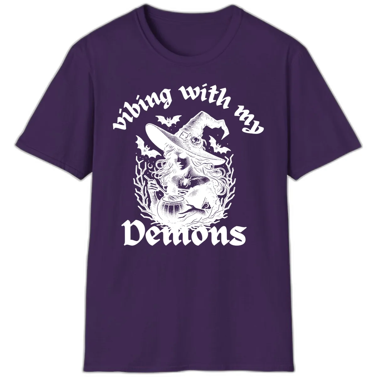Vibing With My Demons Witch Design T-Shirt in Purple