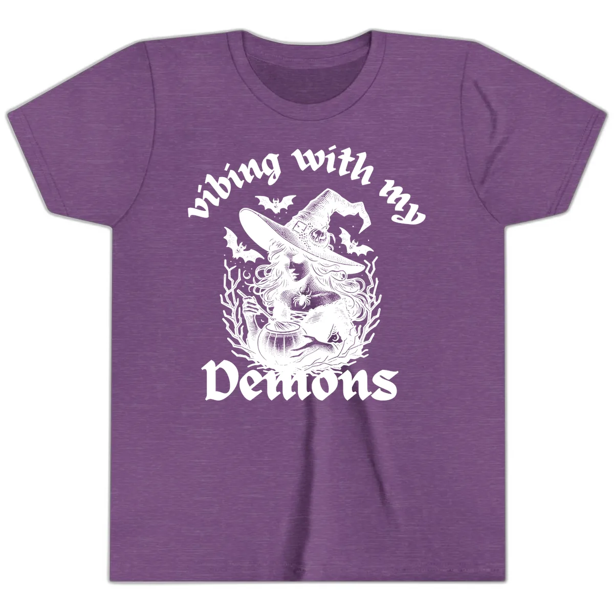 Vibing With My Demons Witch Design Youth T-Shirt in Heather Team Purple