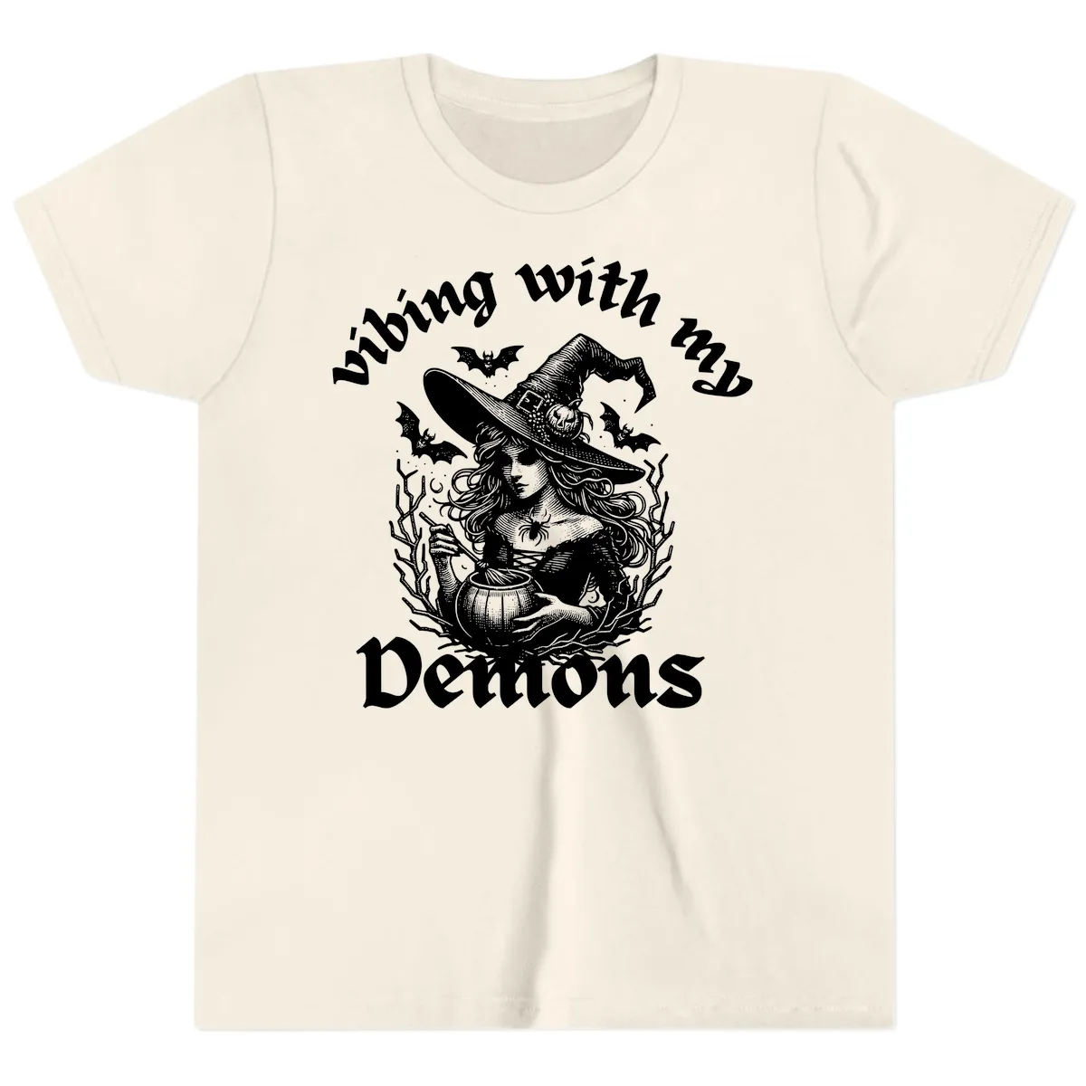 Vibing With My Demons Witch Design Youth T-Shirt in Natural