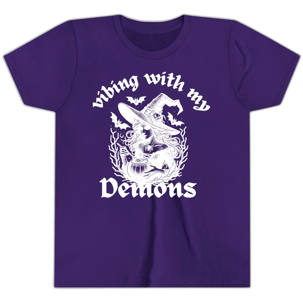 Vibing With My Demons Witch Design Youth T-Shirt in Team Purple