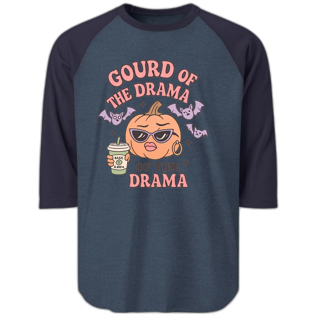 Gourd Of The Drama Pumpkin Raglan 3/4 in Heather Denim Navy